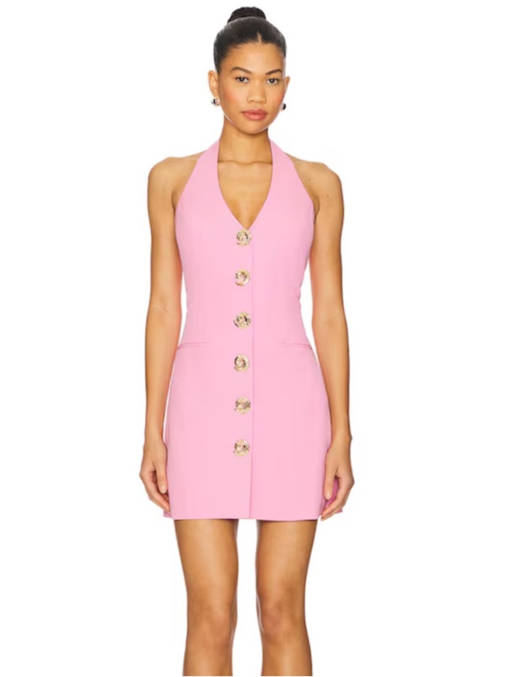 Pink Halter Mini Dress with Gold Buttons - Picture 2 of 10